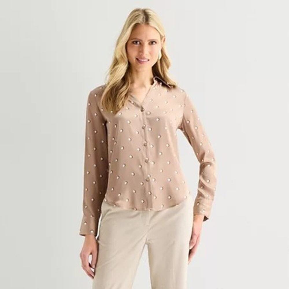Worthington Womens XL Top Brown Shadow Dot Long Sleeve Slim Fit Button Up Blouse